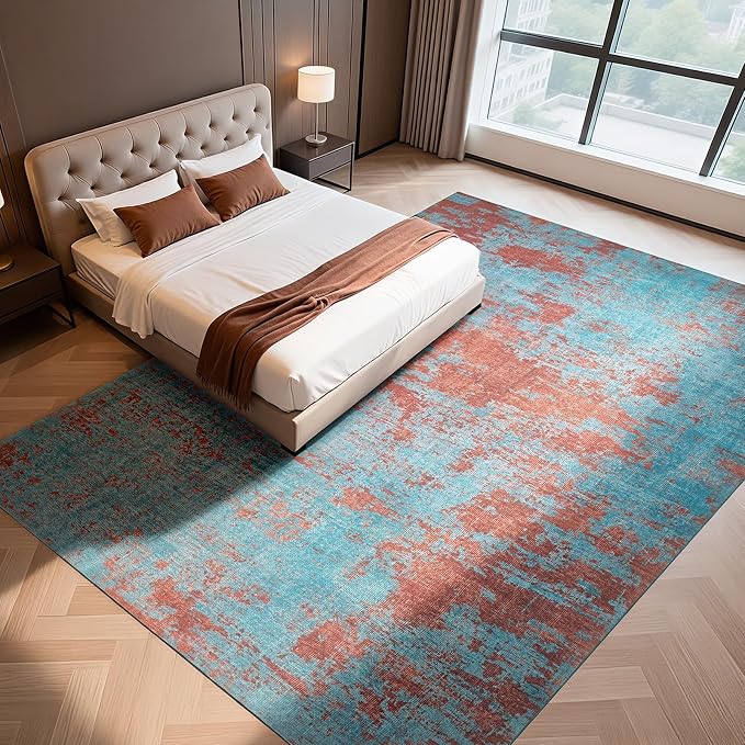 8x10 Washable Area Rugs for Living Room, Dining Room- Blue Red | Ultra Soft Low - Image 8