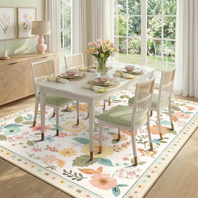 RELEANY Floral Washable 9x12 Area Rugs Beige/White/Orange | Flower Carpet Print - Image 8