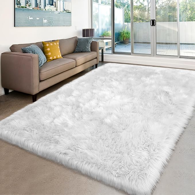 White Faux Fur Sheepskin Rug 6x9 Fuzzy Fur Rug Fluffy Carpet - Image 6