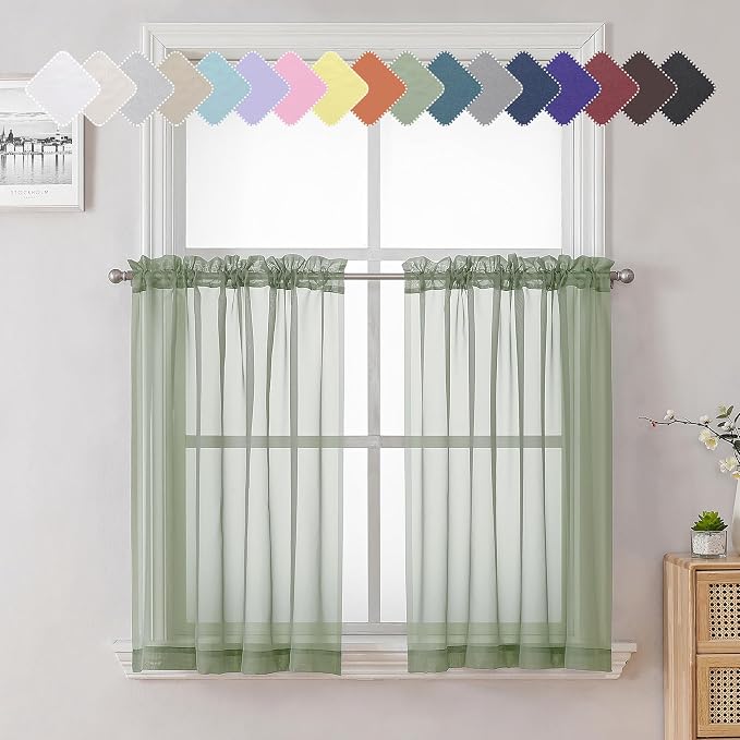 Sage Green Sheer Kitchen Curtains 36 Inch Length 2 Pieces, Solid Volie Small by Lecloud