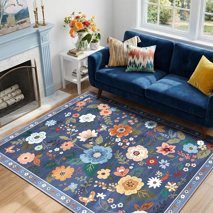 RELEANY Floral Washable 3x5 Area Rugs Blue/Grey | Flower Carpet Print Boho Cute by RELEANY