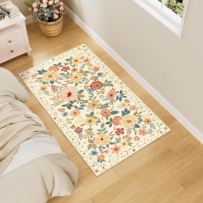 DUKINO 2x4 Entryway Rug, Floral Washable Kitchen Rugs Non Slip Beige Yellow | - Image 5