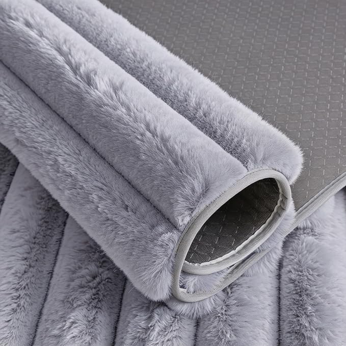 Blue Grey Rabbit Striped Plush Rug 6'x9', Fluffy Shaggy Area Rug - Image 6