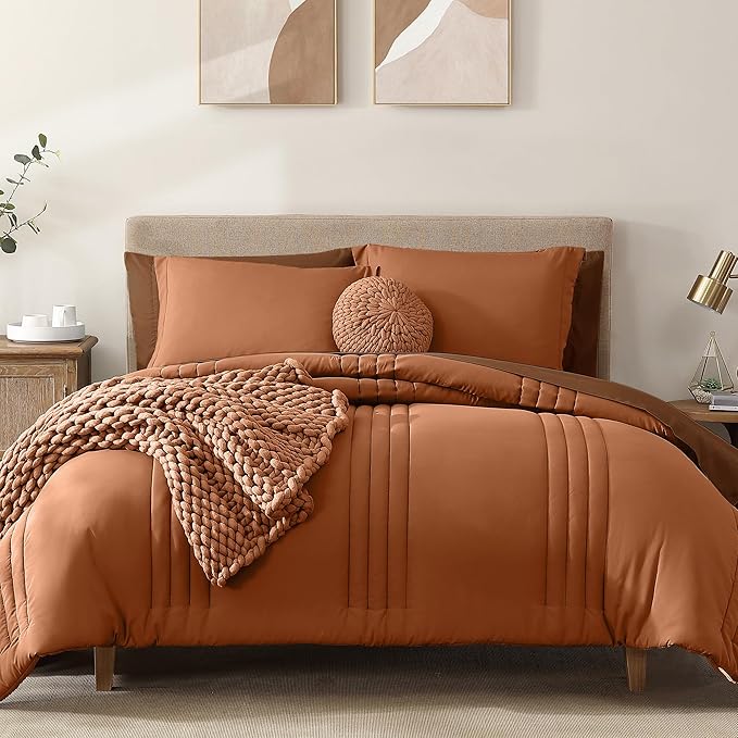 Monbix King Size Comforter Set - 7 Pieces Bed in a Bag King, Burnt Orange Bedding Sets with Comforter, All Seasons Down Alternative Comforter Bed Set with Sheets, Pillowcases & Shams