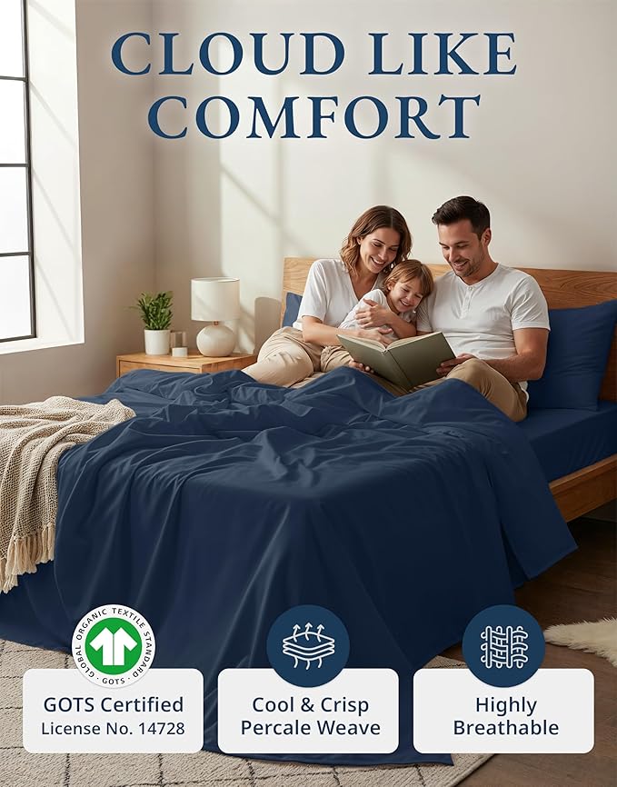 LANE LINEN 100% Organic Cotton Mercerized Twin XL Sheet Set, Reinforced Seams Machine Washable Extra Long Twin Bedding Set, Luxury Hotel Quality Cotton Sheets - Navy