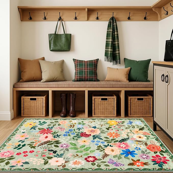 PLHXFR Area Rug Living Room: 3x5 Floral Washable Boho Soft Carpet Green | - Image 5