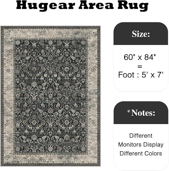 5x7 Black Beige Vintage Floral Washable Area Rug - Image 2