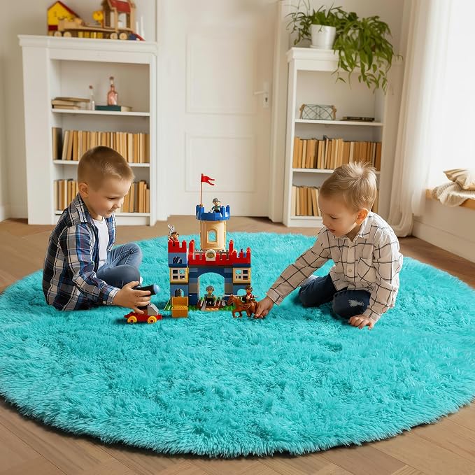 Teal Blue Round Area Rug 4ft, Soft Fluffy Bedroom Bedside Floor Circle Rugs - Image 3