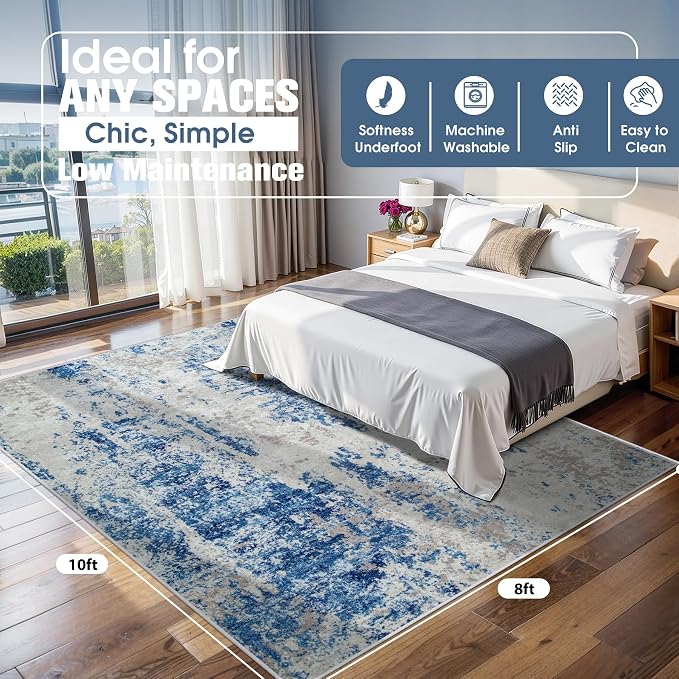 8x10 Area Rugs for Living Room Washable Bedroom Dining Room Blue Grey White | - Image 2