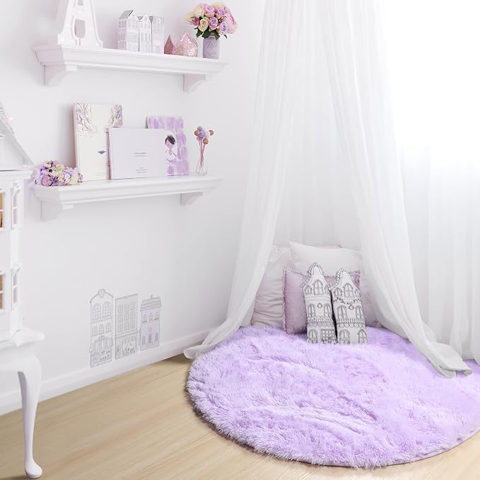 Light Purple Round Rug 4ft, Fluffy Soft Circle Area Rugs - Image 9