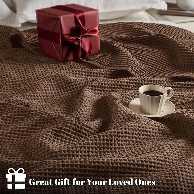 PHF 100% Cotton Waffle Weave Blanket Queen Size for Bed,Snag Proof Lightweight Breathable Moisture-Wicking Throw for Couch,Great for Layering in Cold Weather,Machine Washable, Home Decor-Cappuccino