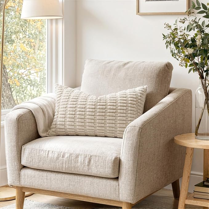 MIULEE Lumbar Corduroy Decorative Throw Pillow Covers 12x20 Cream White | Pack - Image 2