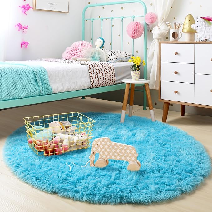 Amdrebio Blue Round Shaggy Rug 4Ft - Image 3