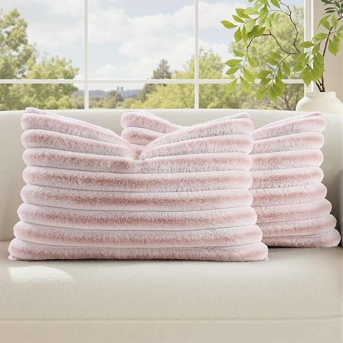 decorUhome Fall Faux Fur Throw Pillow Covers 12x20 Set of 2 Pink White | by decorUhome