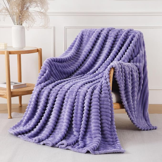 Lavender Throw Blanket for Couch Sofa 90x90 inches Striped Design | Fleece - Image 3