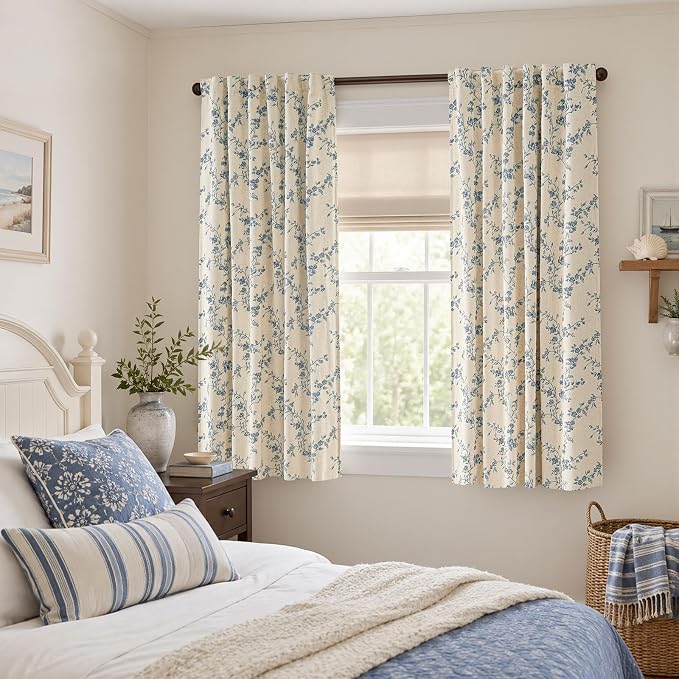 Blackout Vintage Floral Linen Curtains Blue on Beige 50×63 2 Panels | Elisa - Image 5