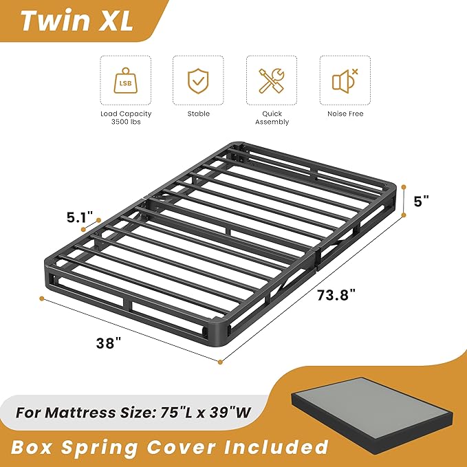 MAF 5 Inch Twin Box Spring, Low Profile Box Spring Twin Size 3500 lbs Black Heavy Duty Metal Mattress Foundation with BoxSpring Cover, No Squeaky, Easy Assembly