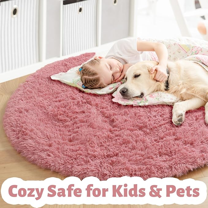 Amdrebio Blush Pink Fluffy Round Circle Rug 4Ft - Image 3