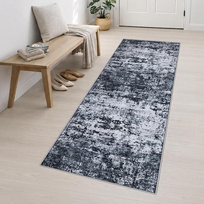 3x10 Washable Runner Rug：Modern Abstract Kitchen Carpet Black | - Image 3