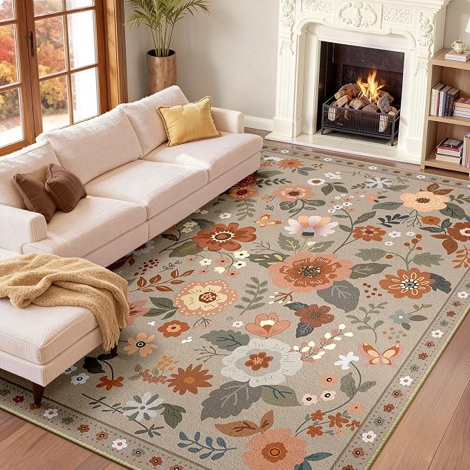 RELEANY Floral Washable 8x10 Area Rugs Brown/Brick | Flower Carpet Print Boho by RELEANY