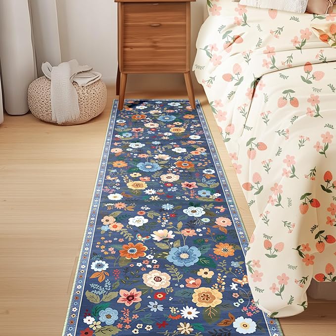 Floral Washable 2x8 Area Rugs Runner Entryway Hallway Blue/Grey | Flower Carpet - Image 6
