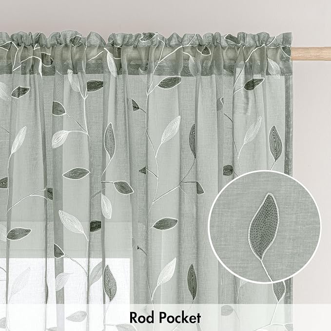 MIULEE Sage Sheer Curtains 2 Panels Embroidered Leaf Patterned, W52 x L84 | - Image 6