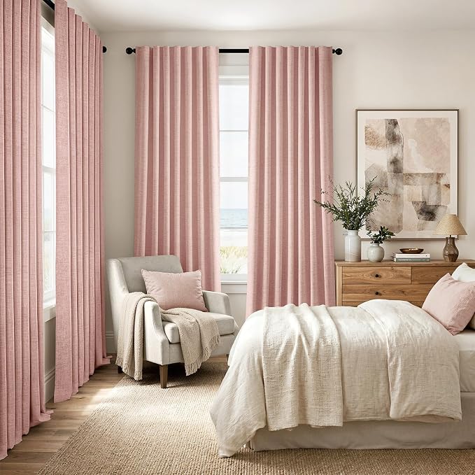 MIULEE 100% Blackout Linen Curtains 42 x 96 Inch Blush Pink 2 Panels | Thermal - Image 8