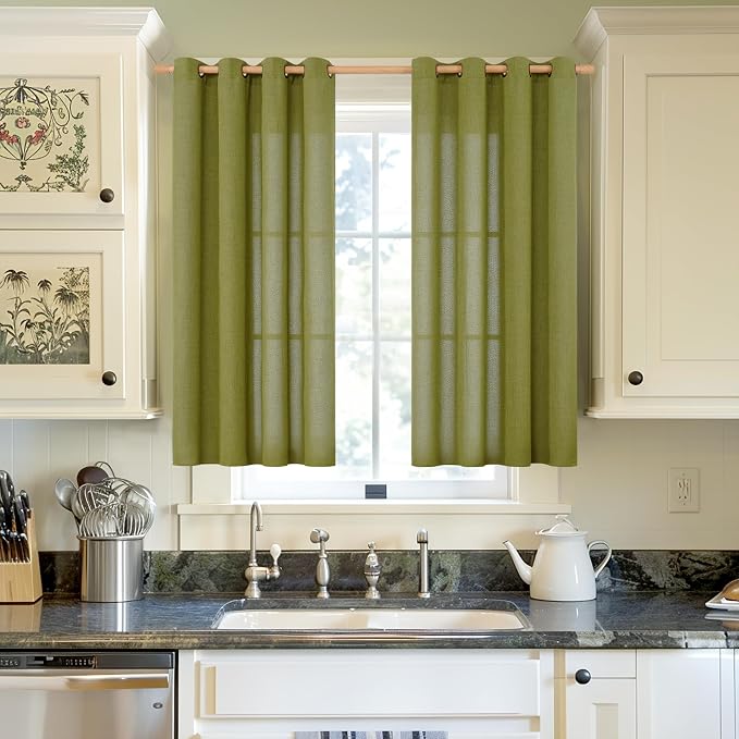YoungsTex Green Linen Curtains 45 Inches Length, Short Window Drapes Light - Image 2