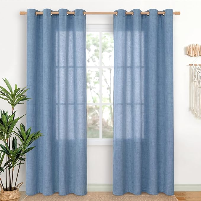 YoungsTex Denim Blue Linen Semi Sheer Curtains 80 Inch Length by YoungsTex