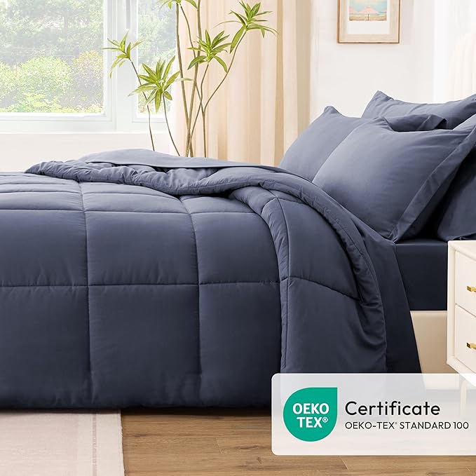 Love's cabin King Size Comforter Set Indigo Blue, 7 Pieces King Bed in a Bag, All Season Bedding Sets with 1 Comforter, 1 Flat Sheet, 1 Fitted Sheet, 2 Pillowcase and 2 Pillow Sham