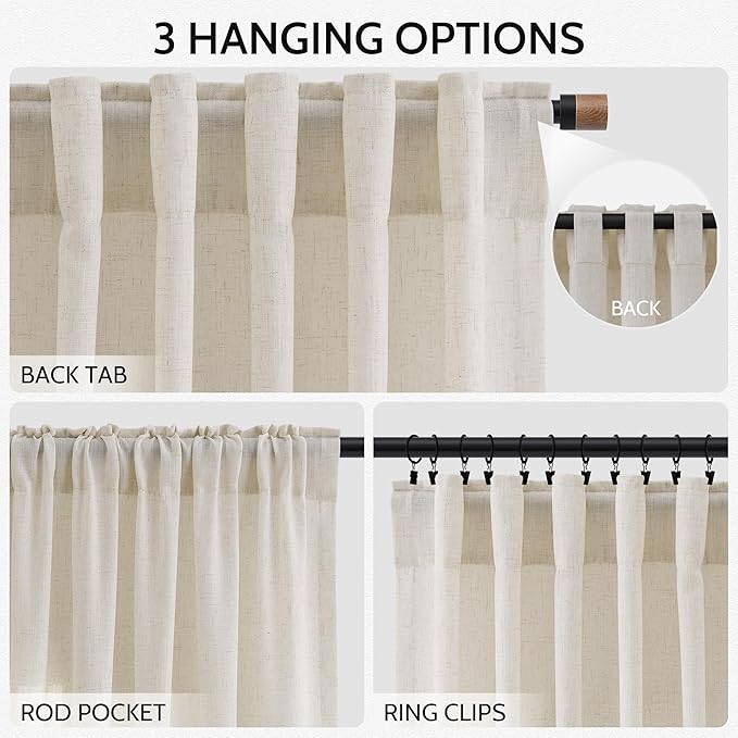 Warm Beige Linen Curtains 90 Inch Long 2 Panels Set - Image 2