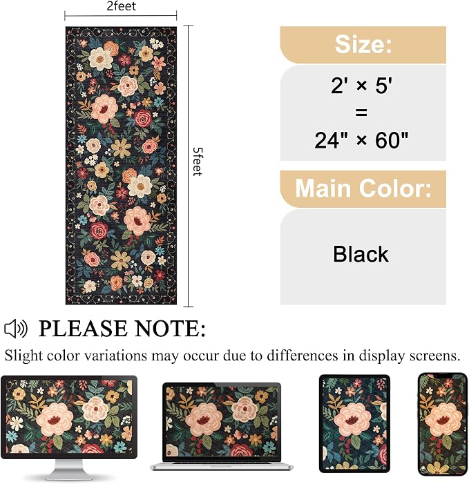 DUKINO 2x5 Runner Rug, Floral Washable Rug - Image 2