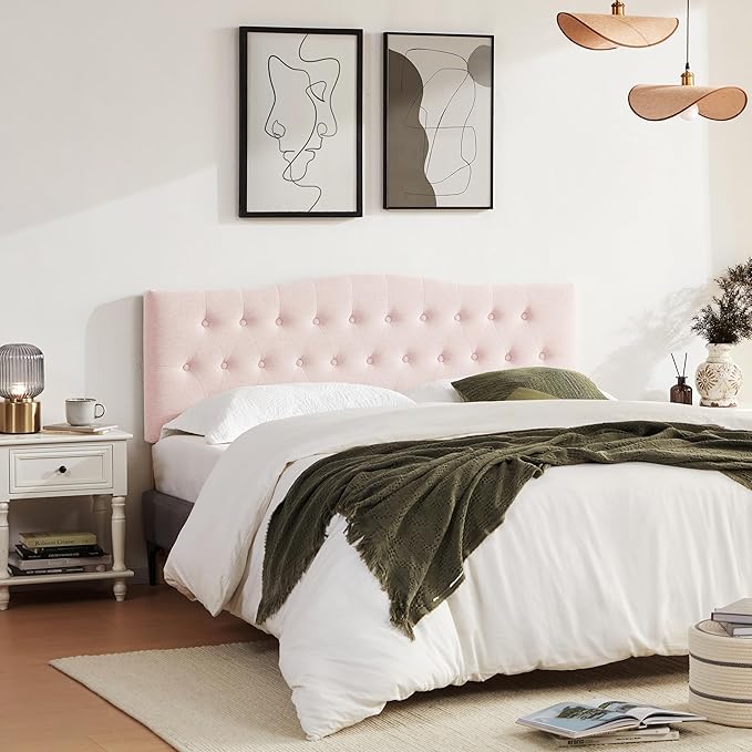 Tufted Upholstered Headboard Queen Size, Sturdy and Durable Solid Wood Bed headboard, Fabric Headboard Adjustable Height from 37” to 51”, Modern Button Diamond Design Head Board, Pink