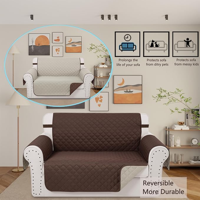 Reversible Loveseat Couch Sofa Covers, Chocolate | Loveseat Covers - Image 2