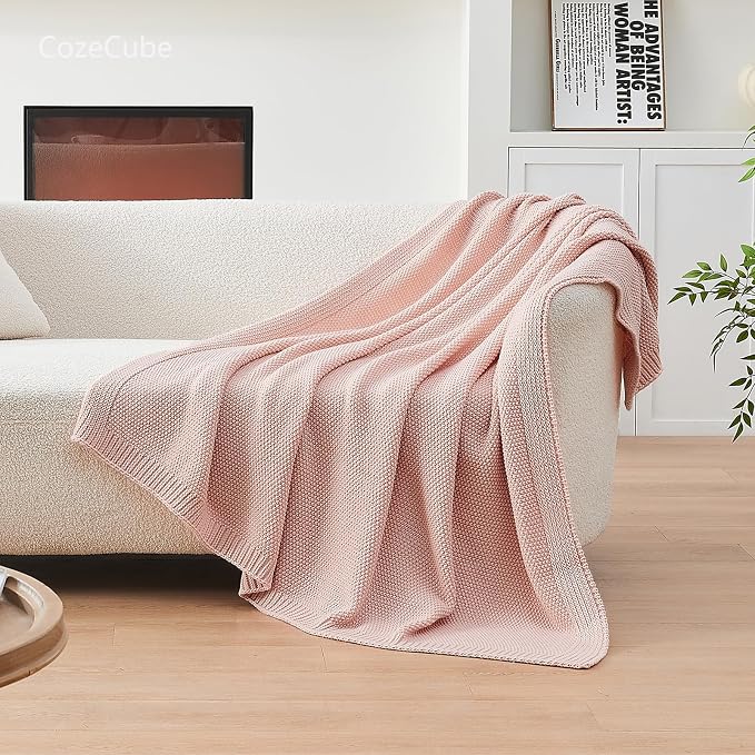CozeCube Pink Seed Stitch Throw Blanket 50"x60", Farmhouse Decor | Blanket - Image 4