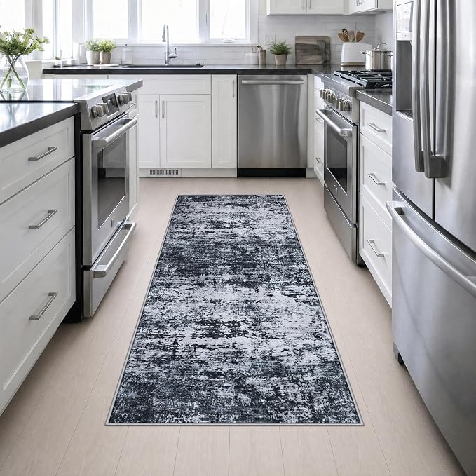 2x6 Washable Runner Rug：Modern Abstract Kitchen Carpet Black | - Image 5