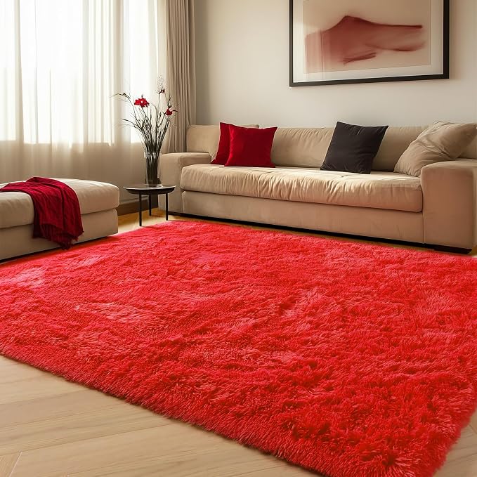 Red Rugs for Living Room Bedroom, 5x8 Fluffy Bedside Area Rug, Soft Plush - Image 4