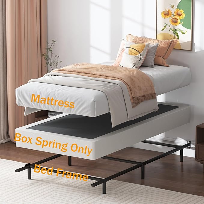 Box Spring Twin XL 7 Inch Metal Box Springs Twin XL Size Basics Bed Base, Mattress Foundation,Black Heavy Duty Structure with Cover, No Noise,Easy Assembly