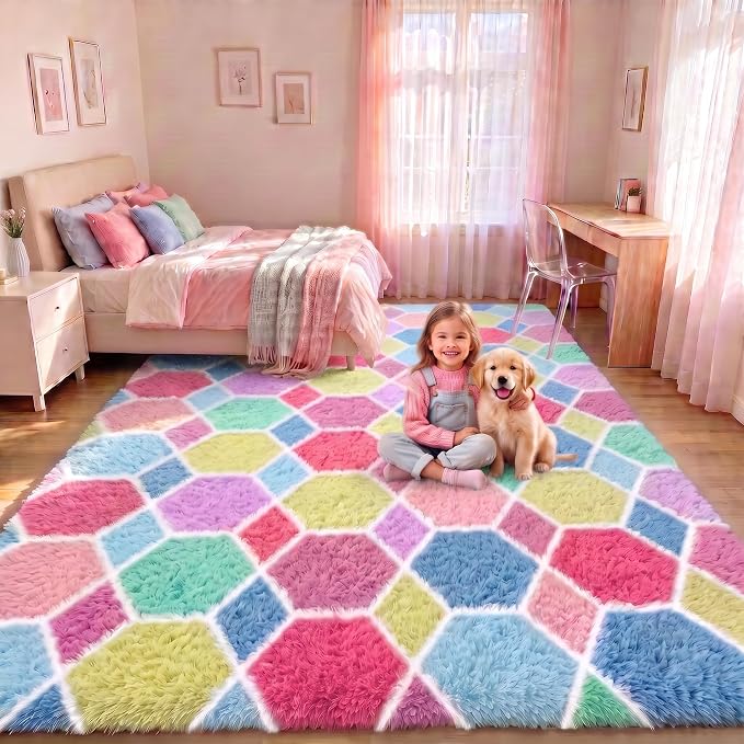Checkered Pink Rainbow Area Rugs, Fluffy 5x8 Geometric Rug by ONASAR