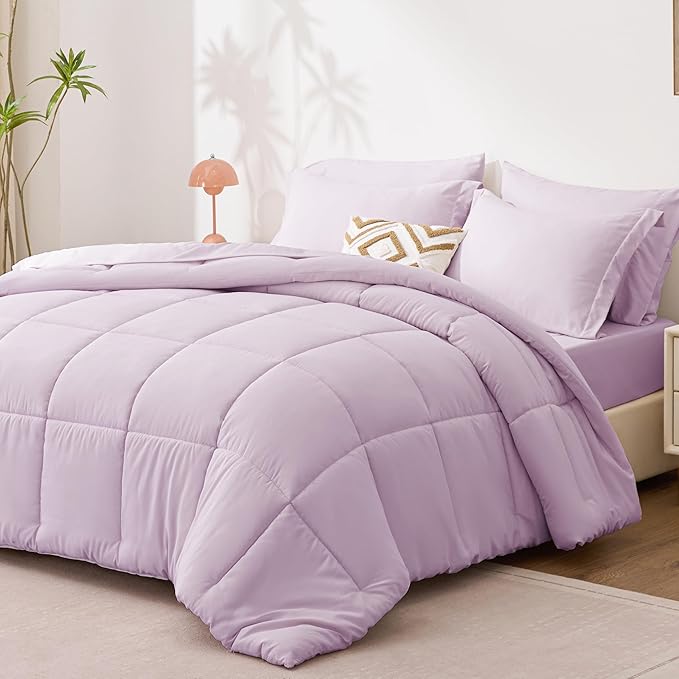 Love's cabin Full Comforter Set Light Purple, 7 Pieces Full Bed in a Bag, All Season Bedding Sets with 1 Comforter, 1 Flat Sheet, 1 Fitted Sheet, 2 Pillowcase and 2 Pillow Sham