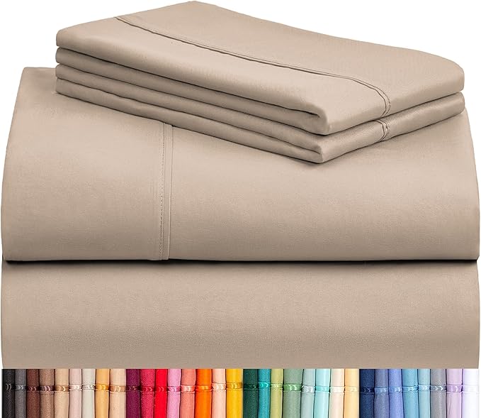 LuxClub 4 PC King Sheet Set, Deep Pockets Wrinkle Free Cooling Bed Sheets Hotel Bedding for Women, Men, Kids & Teens, Includes 1 Fitted Sheet, 1 Flat Sheet and 2 Pillowcases - Silky Soft Light Khaki