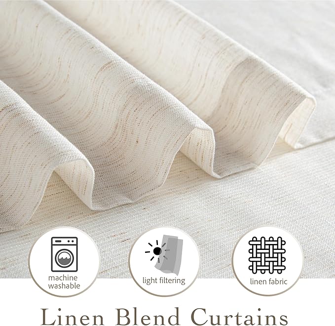 RYB HOME Ivory Sheer Curtains for Living Room, Linen Blend Filter Sunlight Glare Vertical Luxury for Bedroom Dining Office Window, Rod Pocket & Back Tab, W52 x L90, 2 Panels