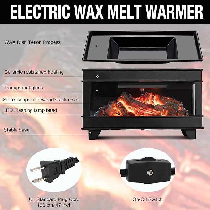Freestanding Fireplace Wax Warmer,Wax Warmer for Scented Wax,Electric Wax Melt Warmer,Full Metal Wax Melter,Wax Burner Fragrance Warmer for Home Office Gifts&Decor (Three-Sided Glass)
