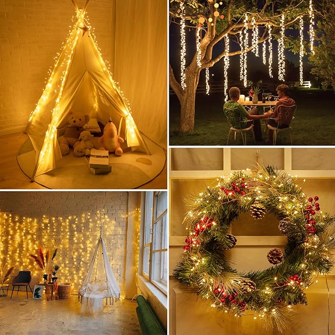Minetom Fairy Lights Plug in, 23Ft 400LED Firecracker Firefly Lights with Remote, Waterproof Copper Wire Cluster String Lights for Ceiling Bedroom Window Christmas Tree Decoration, Warm White