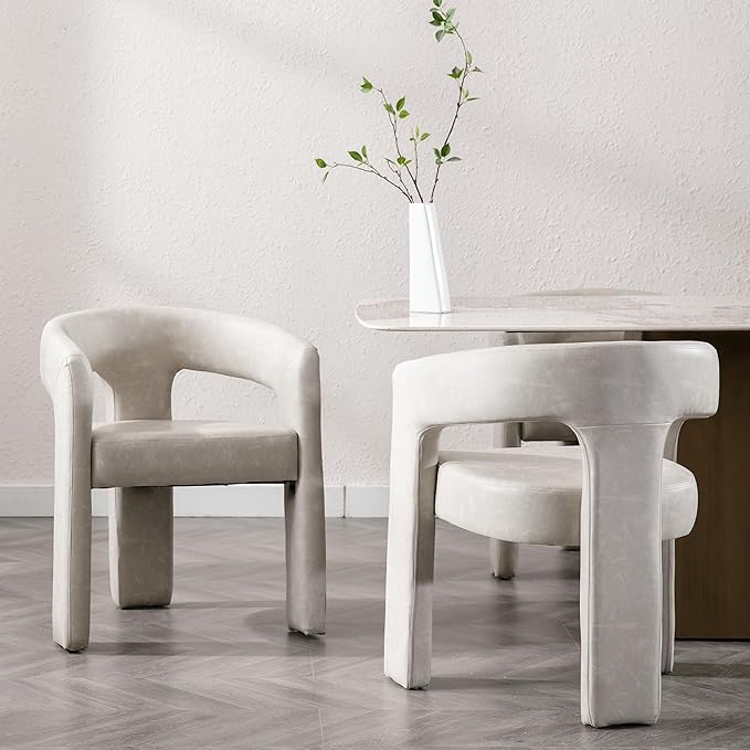 Modern Barrel Dining Chairs Set of 2, PU Leather Upholstered Accent Side Chair with Arms Comfy Makeup Vanity Chairs, Dining Living Room Kitchen Chairs, Grey