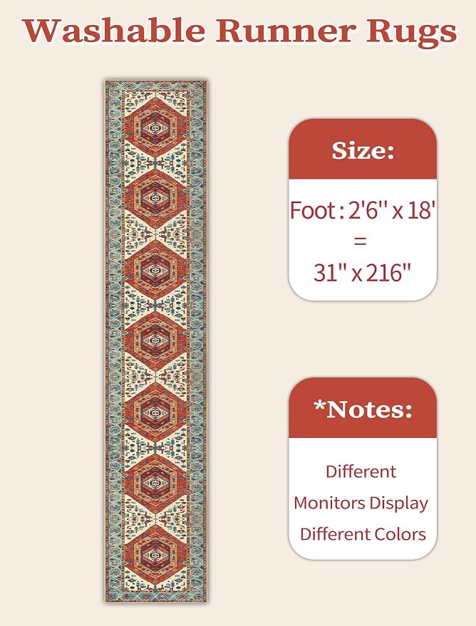 SERISSA 2'6"x18' Washable Non Slip Boho Runner Rug - Image 6