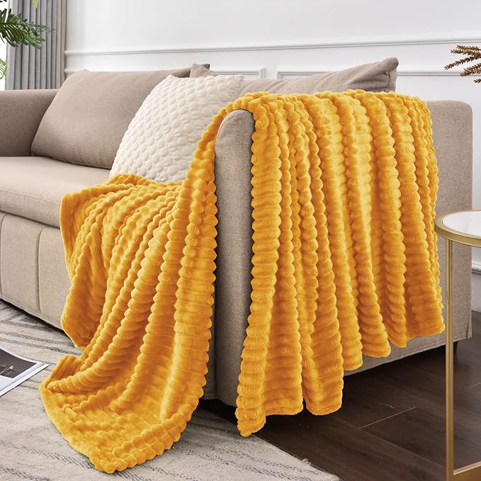 BEDELITE Ribbed Mustard Yellow Fleece Throw Blanket - Image 4