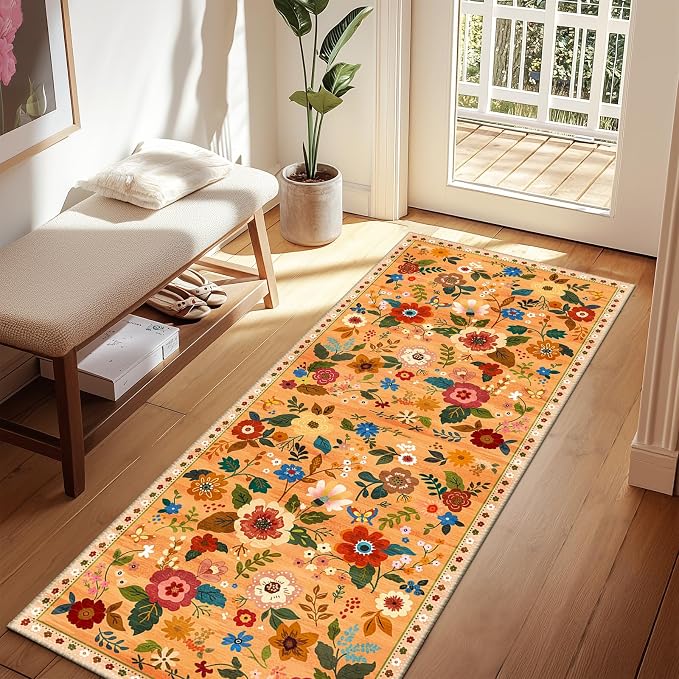 Floral Washable 2x6 Area Rugs Runner Entryway Hallway Yellow/Orange/Red | by RELEANY