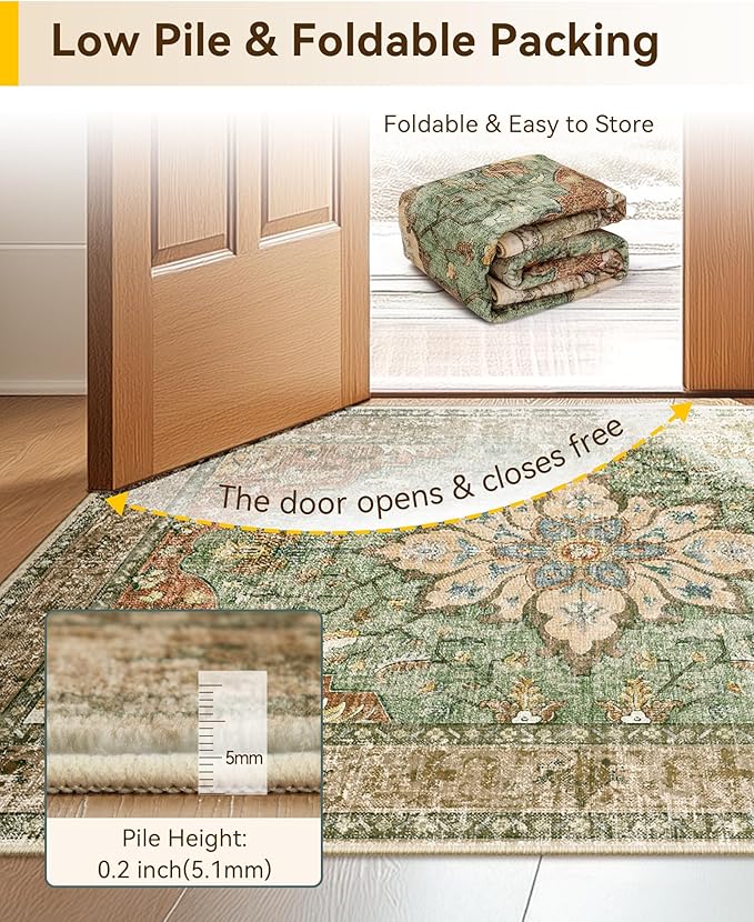 RELEANY Washable Area Rug, Brick/Brown/Green | Non-Slip, Water Repellent - Image 3
