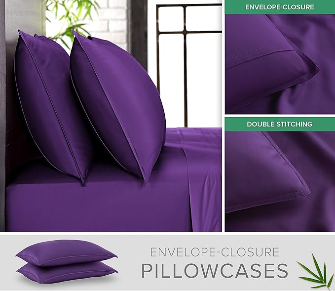 Twin Sheets by Pure Bamboo, Genuine 100% Organic Viscose Derived from Bamboo Bed Sheet Set, Luxuriously Soft & Cooling, Double Stitching, Lifetime Quality Promise (Twin, Purple)